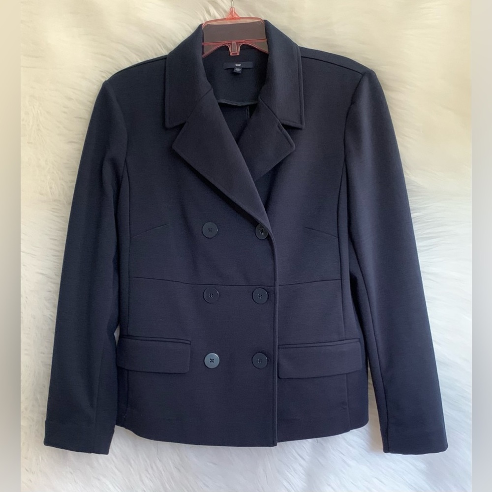 Gap Knit Blazer Double Breasted Lightly Padded Shoulders Navy Medium